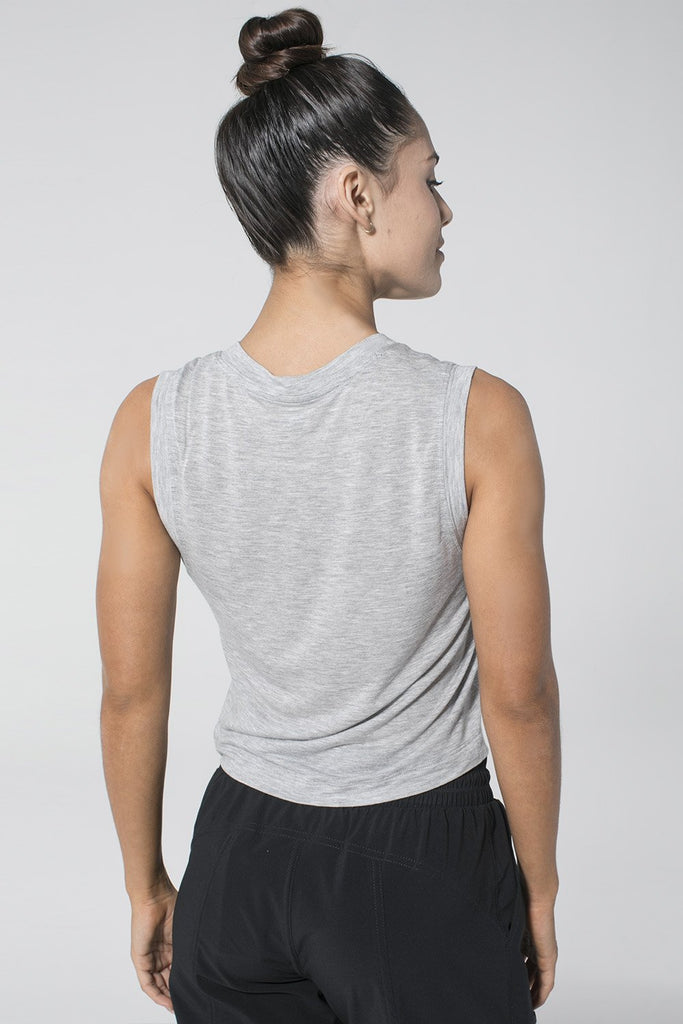 Woman is wearing 9 2 5 fit Miami Hit Grey Crop Tee