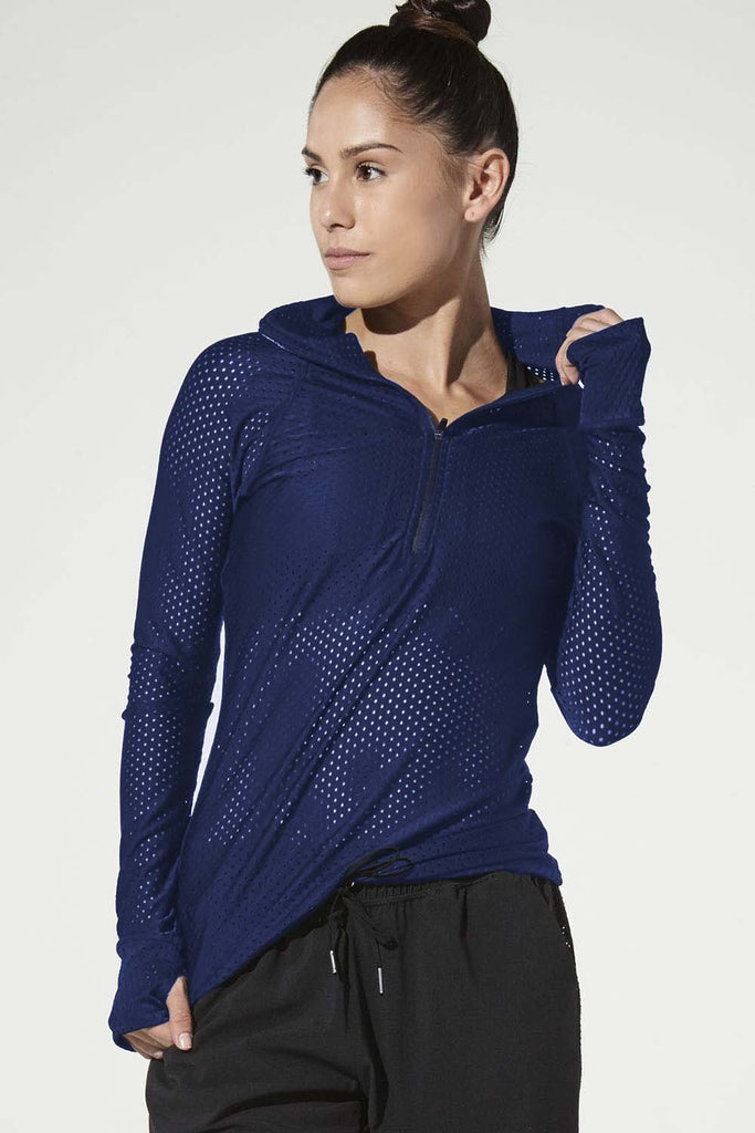 Woman is wearing 9 2 5 fit Zip & Slide Navy Long Sleeve Top
