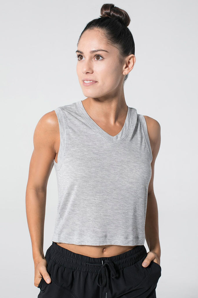 Woman is wearing 9 2 5 fit Miami Hit Grey Crop Tee