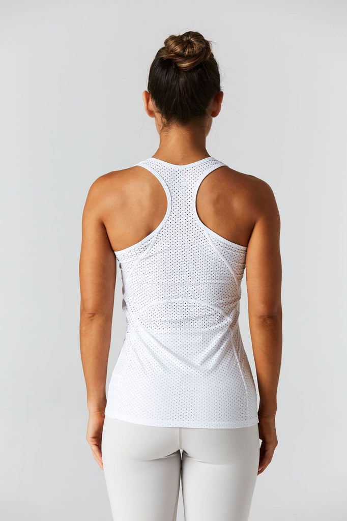 Woman is wearing 9 2 5 fit Fast Track White Racerback Tank Top
