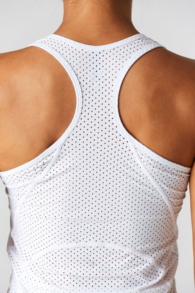 Woman is wearing 9 2 5 fit Fast Track White Racerback Tank Top