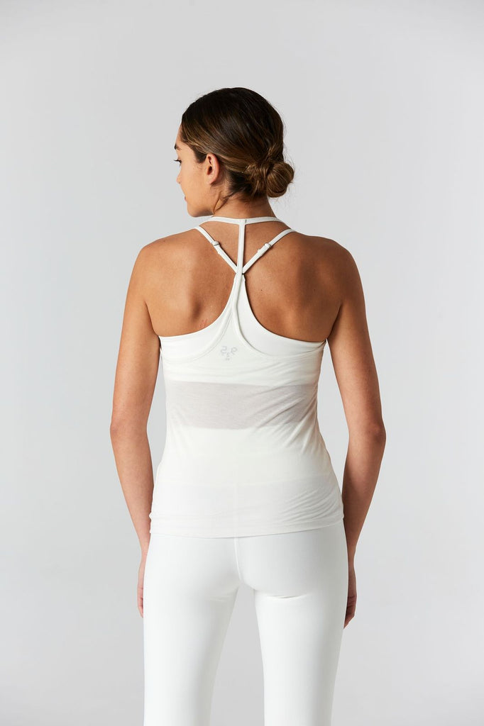 Woman is wearing 9 2 5 fit Fine Line Cream Racerback Tank Top