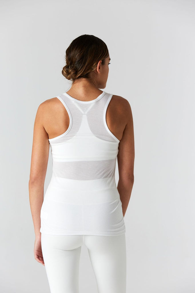 Woman is wearing 9 2 5 fit D tox T White Racerback Tank Top