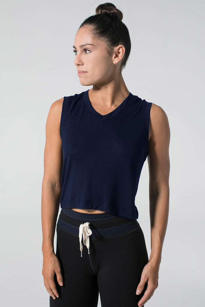 Woman is wearing 9 2 5 fit Miami Hit Navy Crop Tee