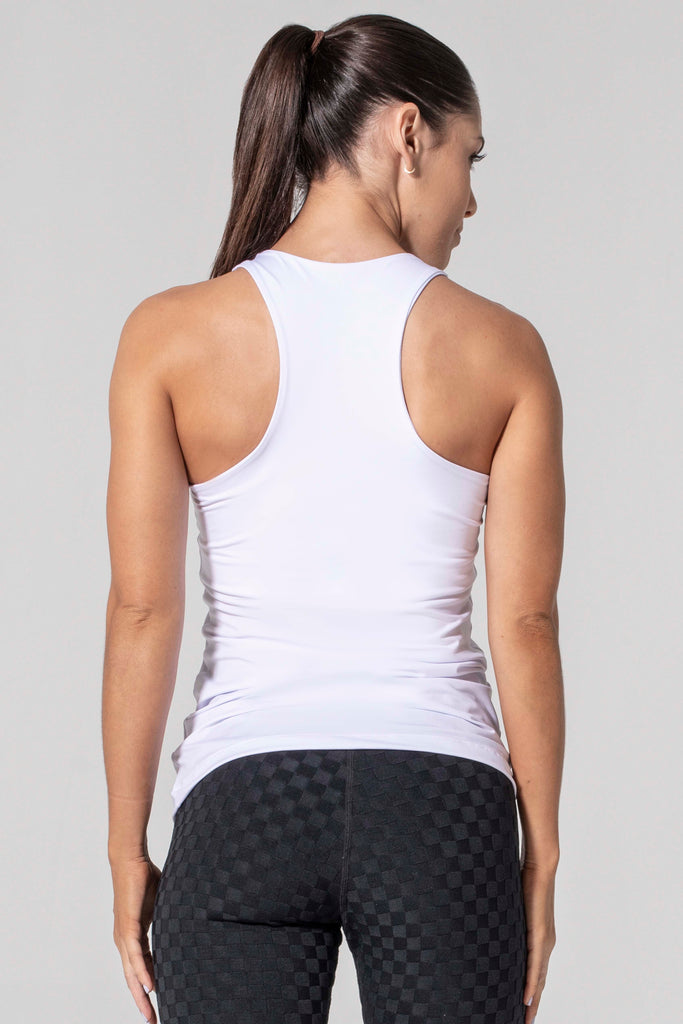 Woman is wearing 9 2 5 fit Long Story Racer Back Tank Top White