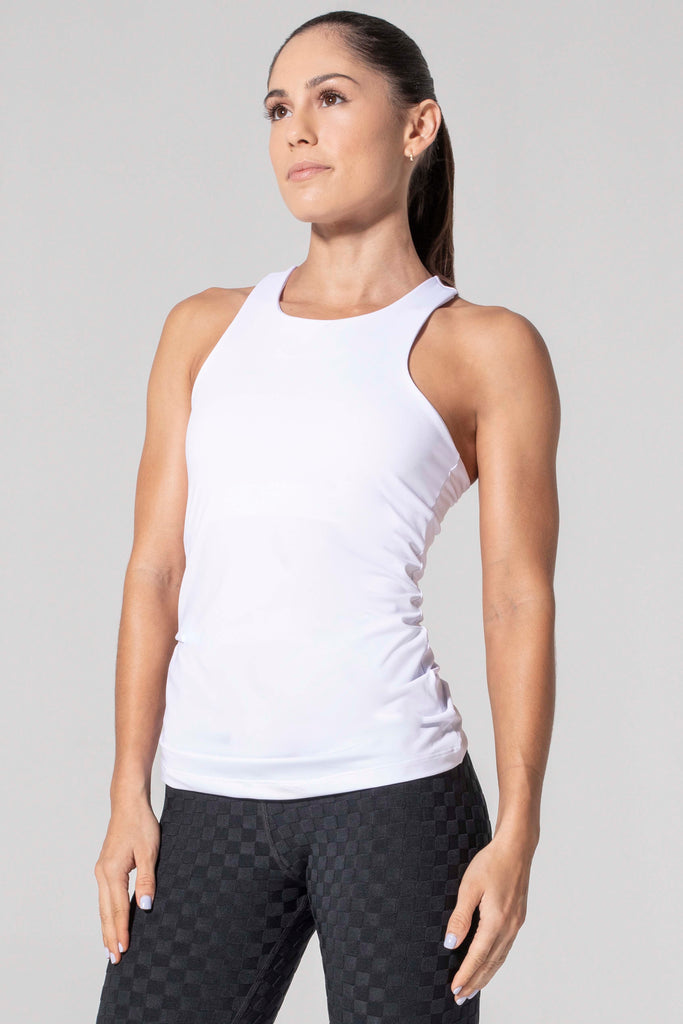 Woman is wearing 9 2 5 fit Long Story Racer Back Tank Top White