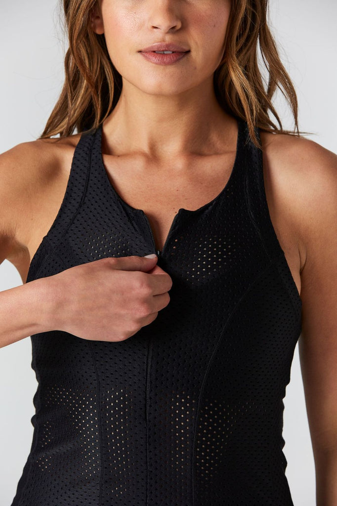 Woman is wearing 9 2 5 fit Open Minded Racerback Tank Top Black Mesh