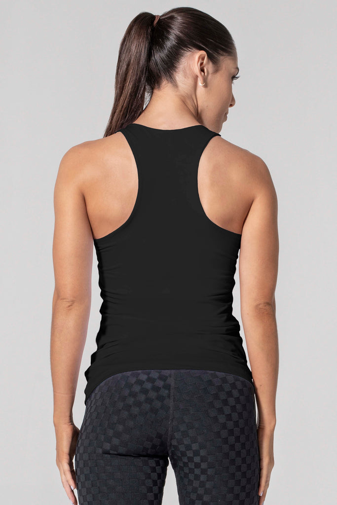 Woman is wearing 9 2 5 fit Long Story Racer Back Tank Top Black