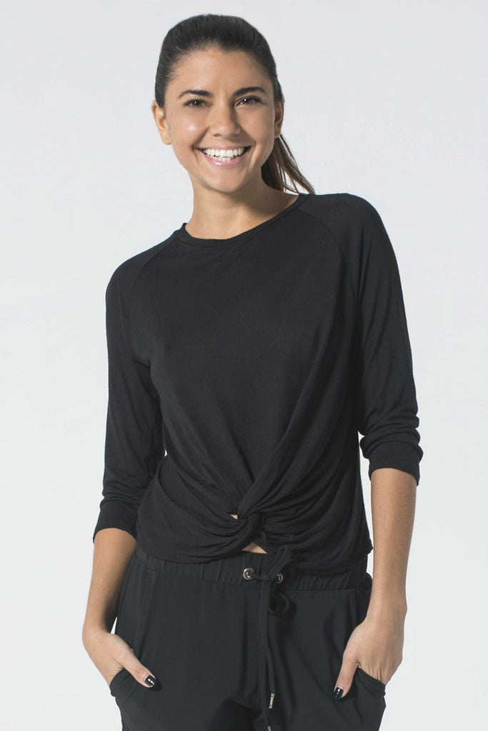 Woman is wearing 9 2 5 fit Do's & Don'ts Black 3/4 length Top