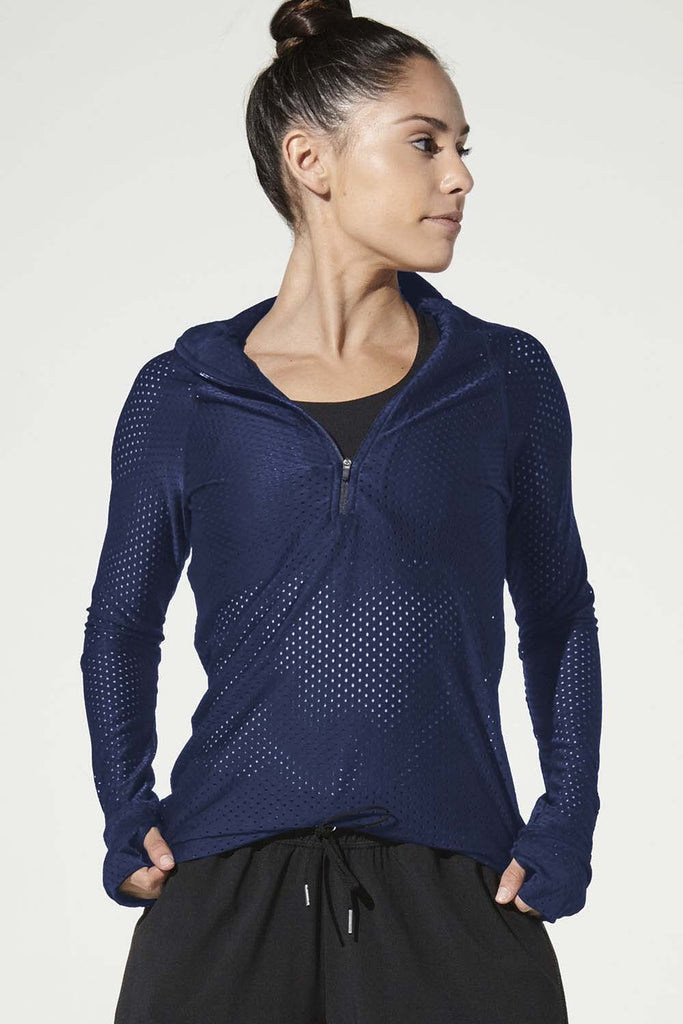 Woman is wearing 9 2 5 fit Zip & Slide Navy Long Sleeve Top