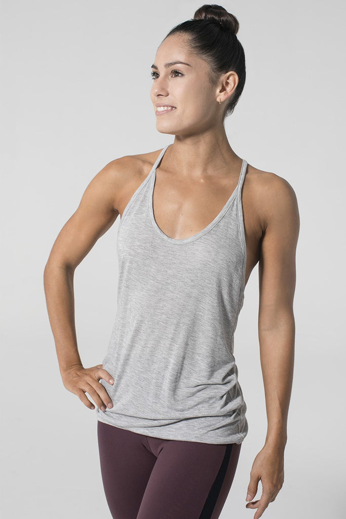 Woman is wearing 9 2 5 fit Fine Line Heather Grey Racerback Tank Top