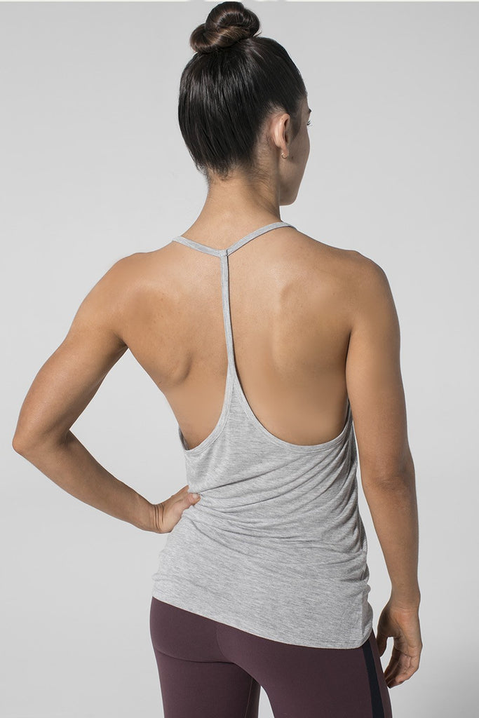 Woman is wearing 9 2 5 fit Fine Line Heather Grey Racerback Tank Top