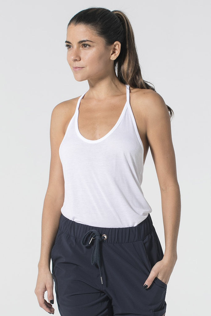Woman is wearing 9 2 5 fit Fine Line White Racerback Tank Top