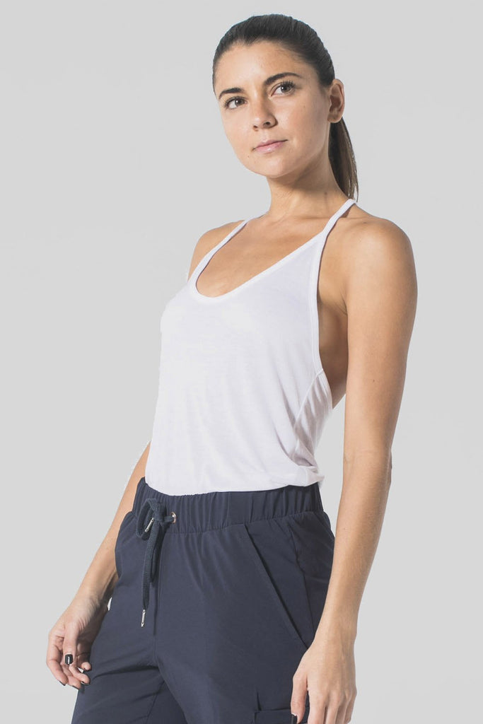 Woman is wearing 9 2 5 fit Fine Line White Racerback Tank Top
