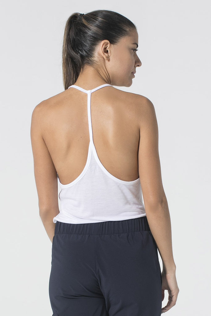 Woman is wearing 9 2 5 fit Fine Line White Racerback Tank Top